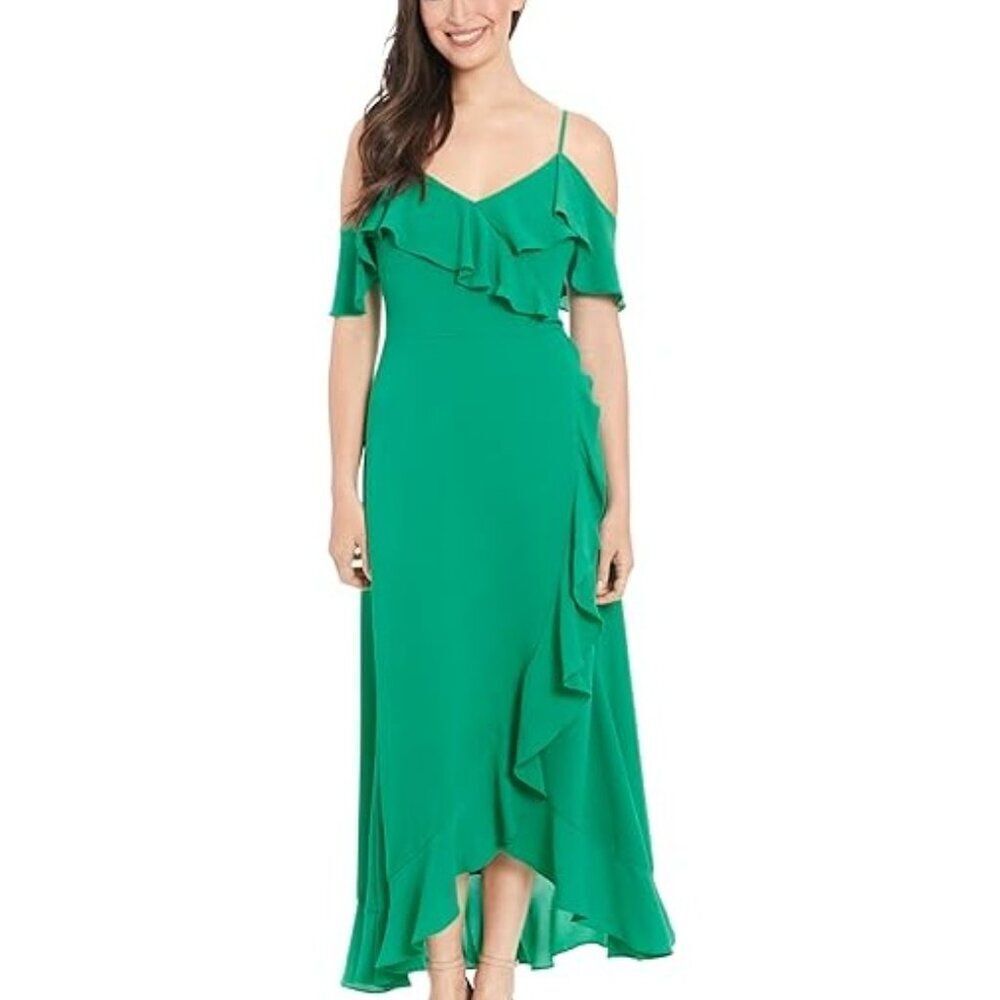 London Times dress green maxi off shoulder‎ ruffle high low holiday party 4